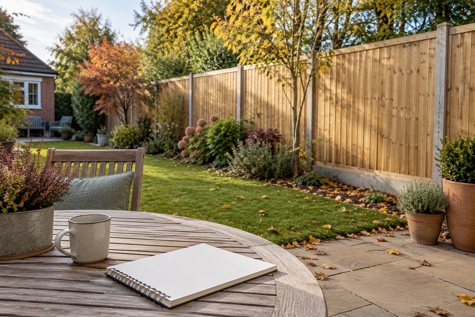 Upright timber boundary in an autumn garden with a notebook on a patio table