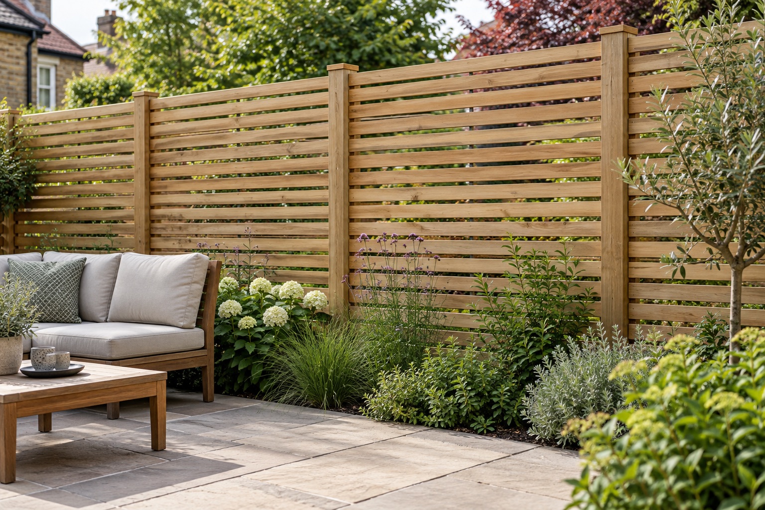Horizontal timber slatted screen beside a planted patio seating area with narrow gaps visible