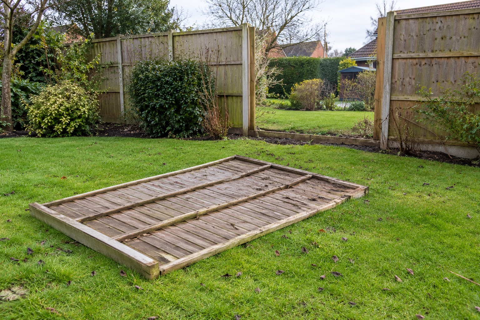 Detached timber fence panel lying on an empty lawn with a gap in the boundary