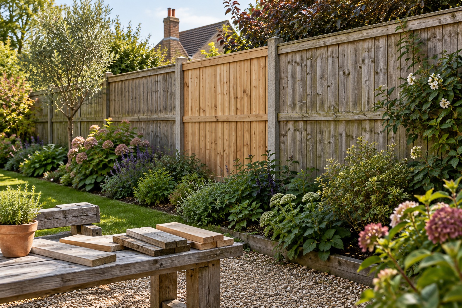 Sound weathered fence with one replaced bay and timber samples on a garden bench