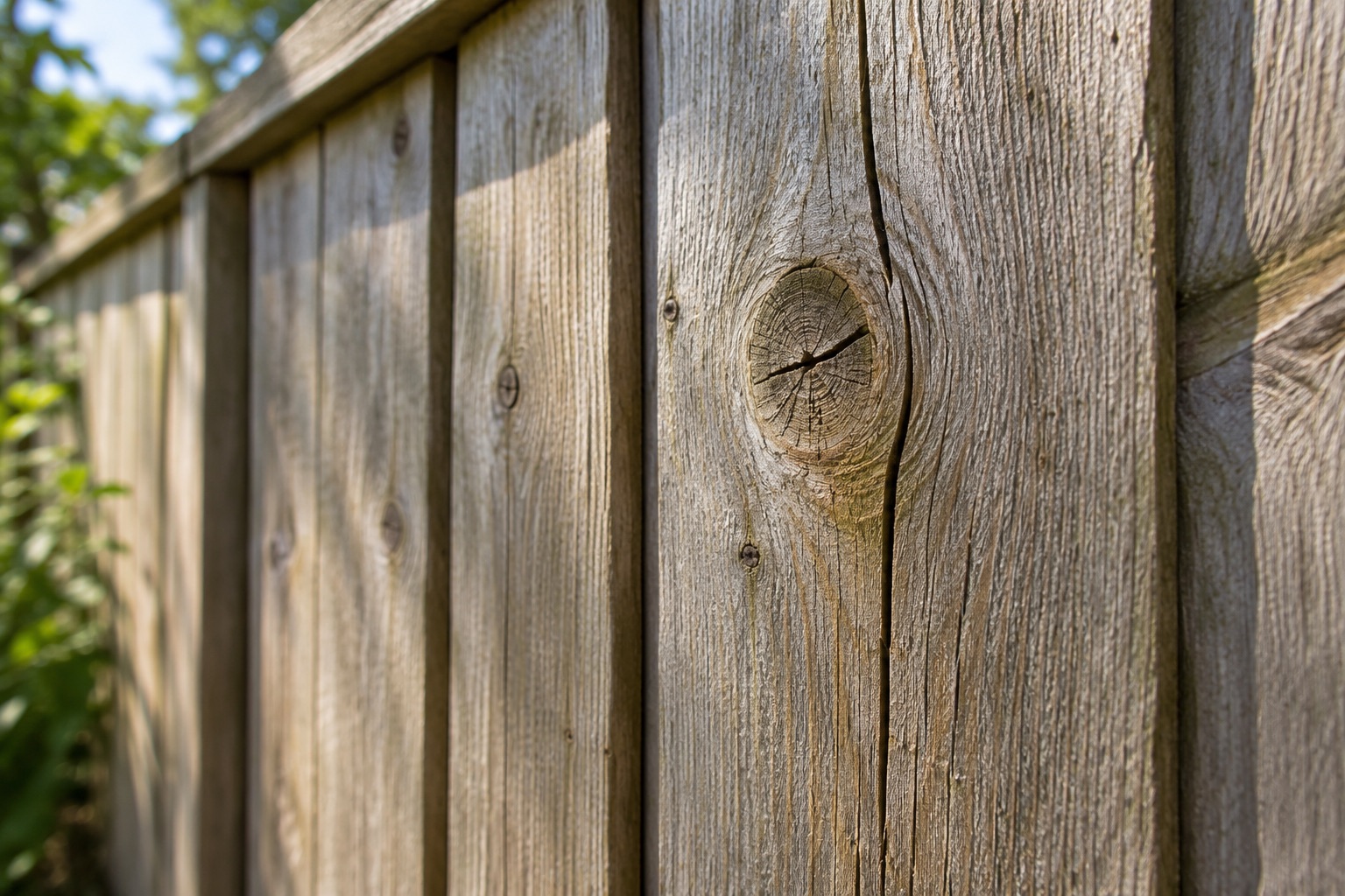 Close view of grain, knots and a longitudinal split in weathered timber fencing