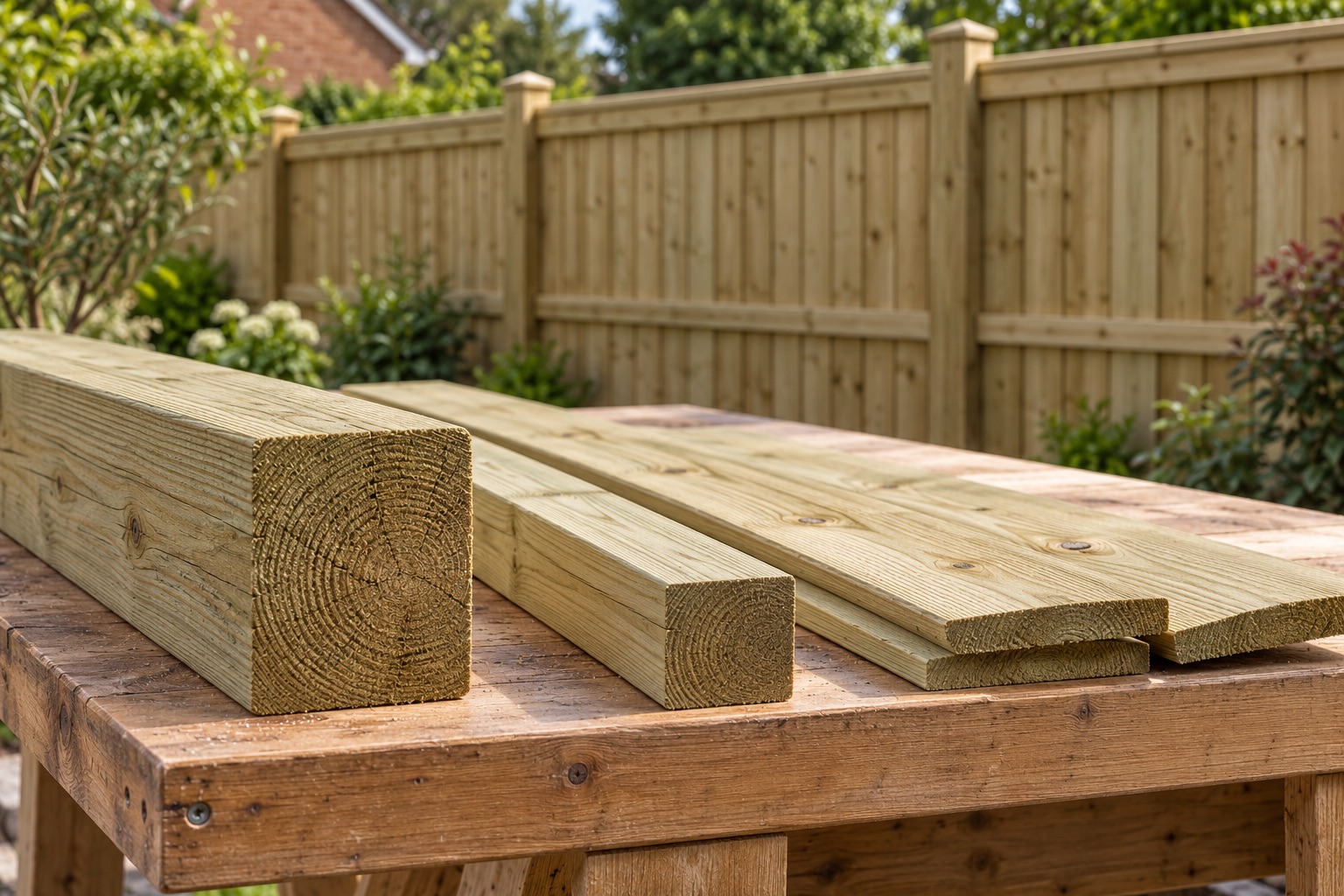 Treated timber fence post, rail and featheredge boards arranged on an outdoor workbench