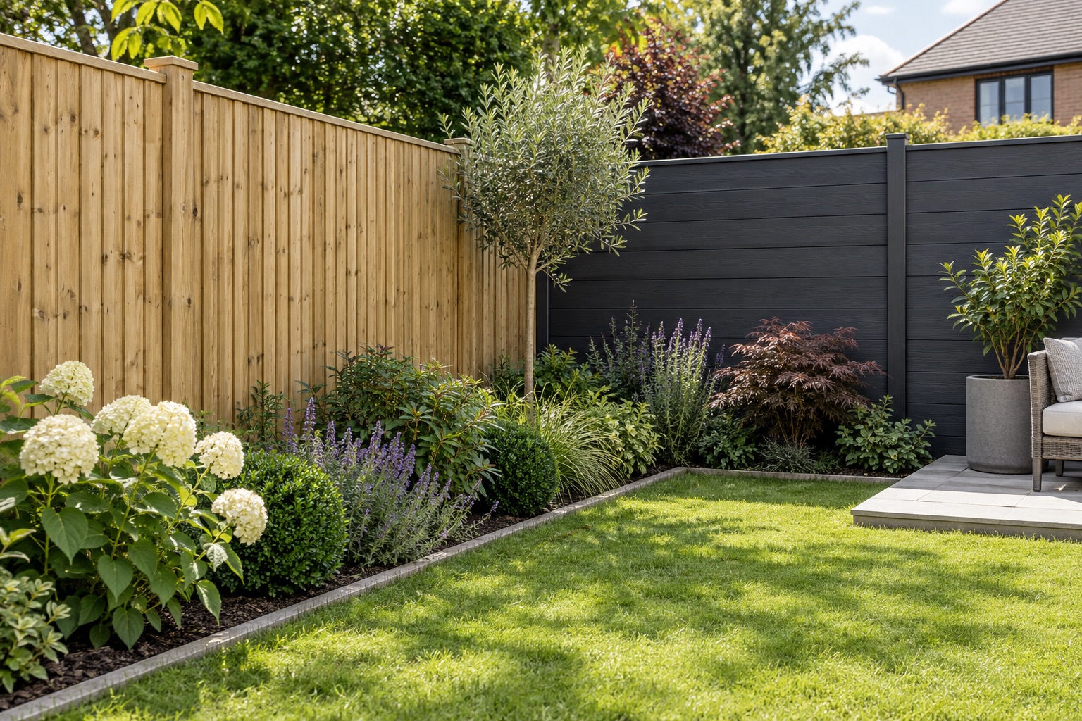 Garden corner with natural timber closeboard fencing meeting charcoal horizontal composite-style boards