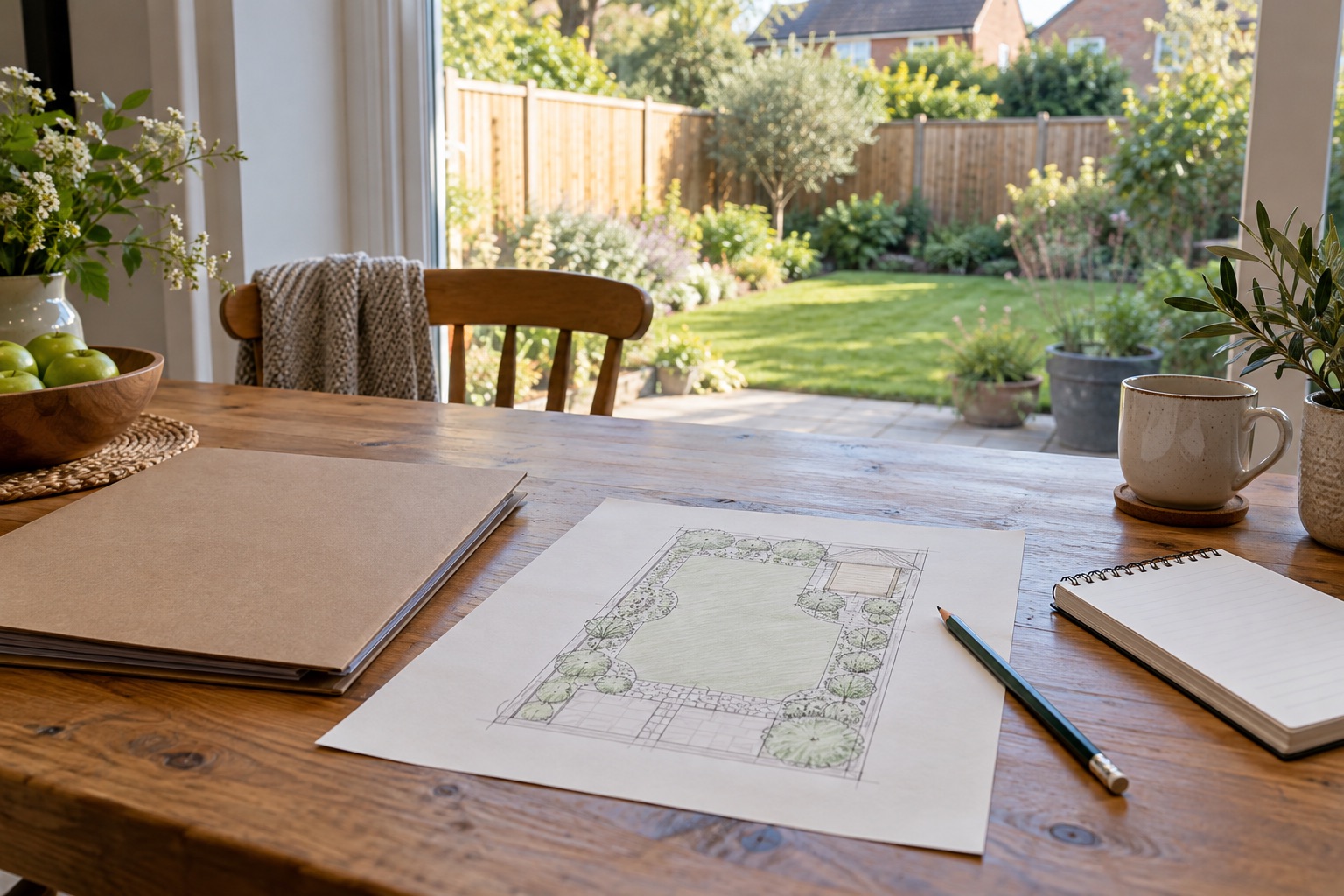 A project folder and simple fictional garden sketch on a table overlooking a fence