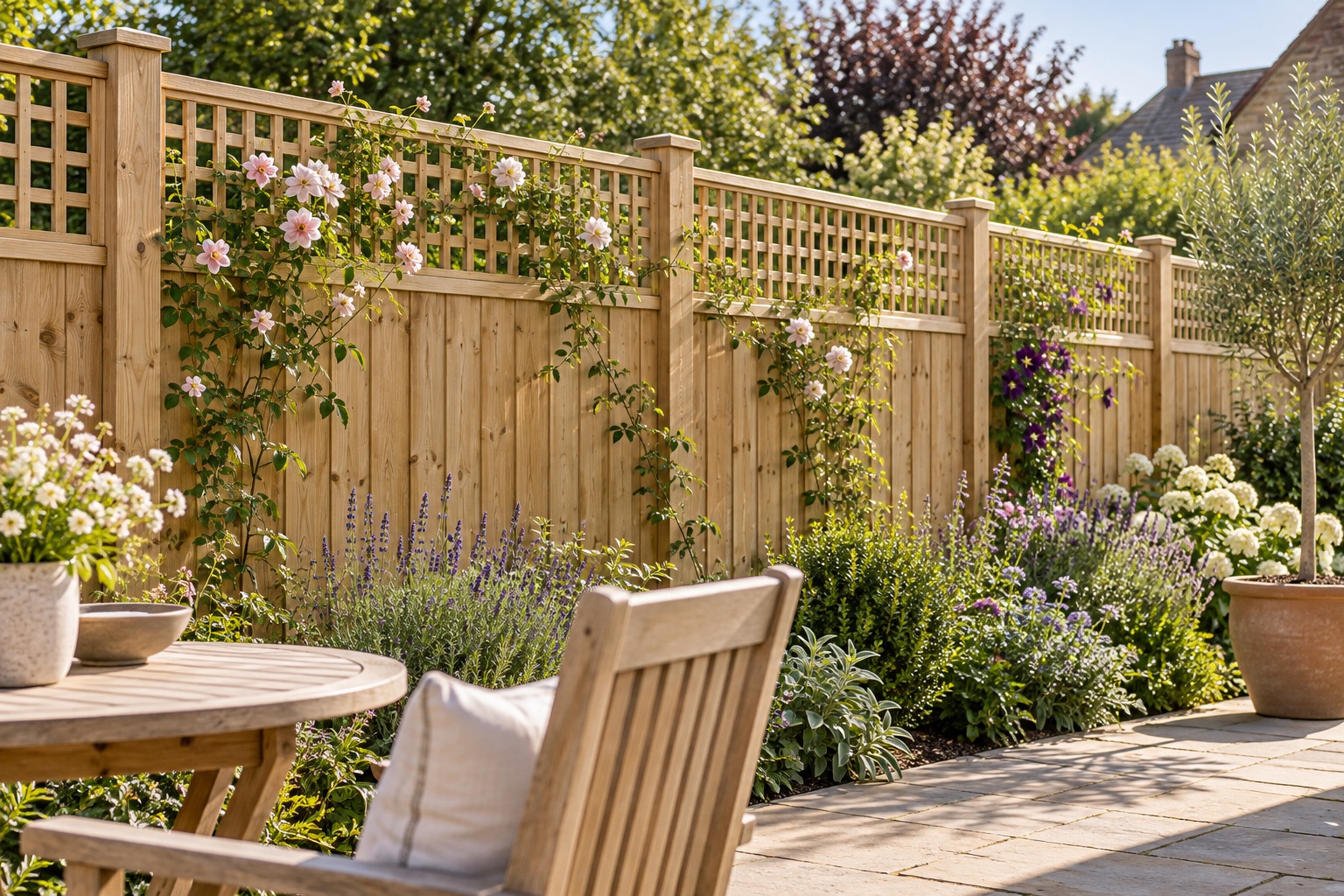 Timber garden fence with square lattice toppers, extended supporting posts and lightly trained flowering climbers