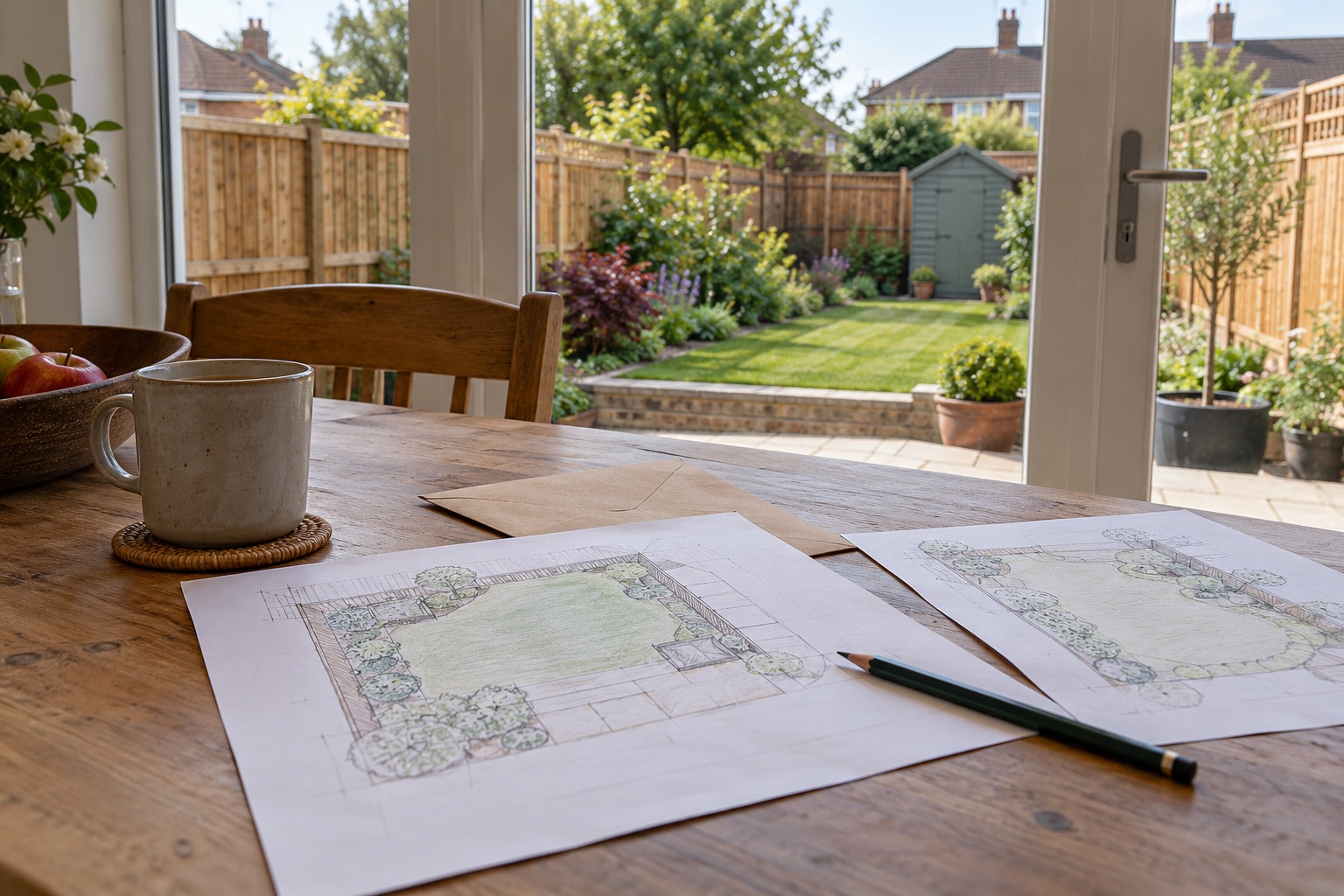 Garden project drawings and an envelope on a kitchen table overlooking a fenced garden