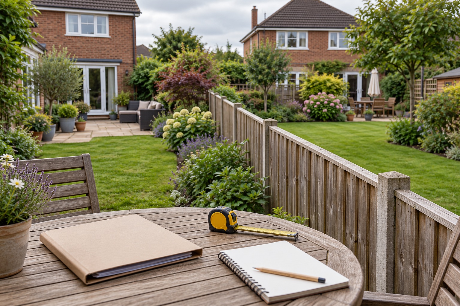 Neighbouring gardens divided by a timber fence, with a folder and notebook on a garden table