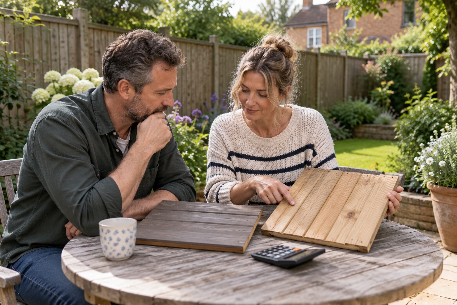 Two adults considering timber panel samples and a calculator at a garden table