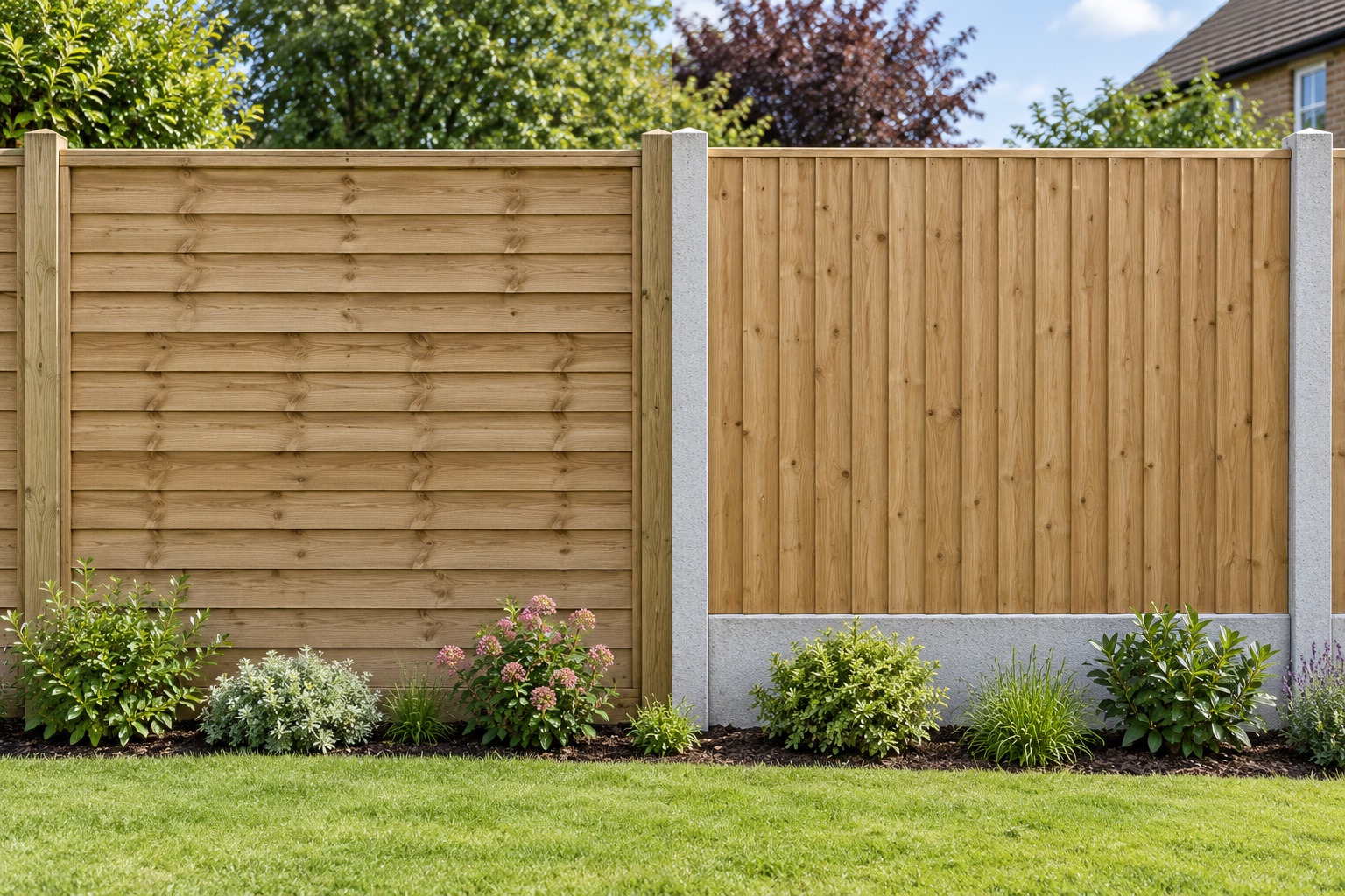 Overlap fencing on timber posts beside closeboard fencing on concrete posts, illustrating different specifications
