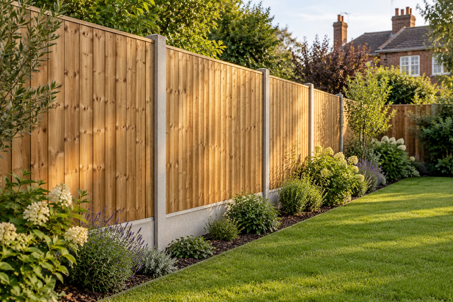 Illustrative garden inspiration: neatly finished timber fencing with concrete posts, planting and a lawn